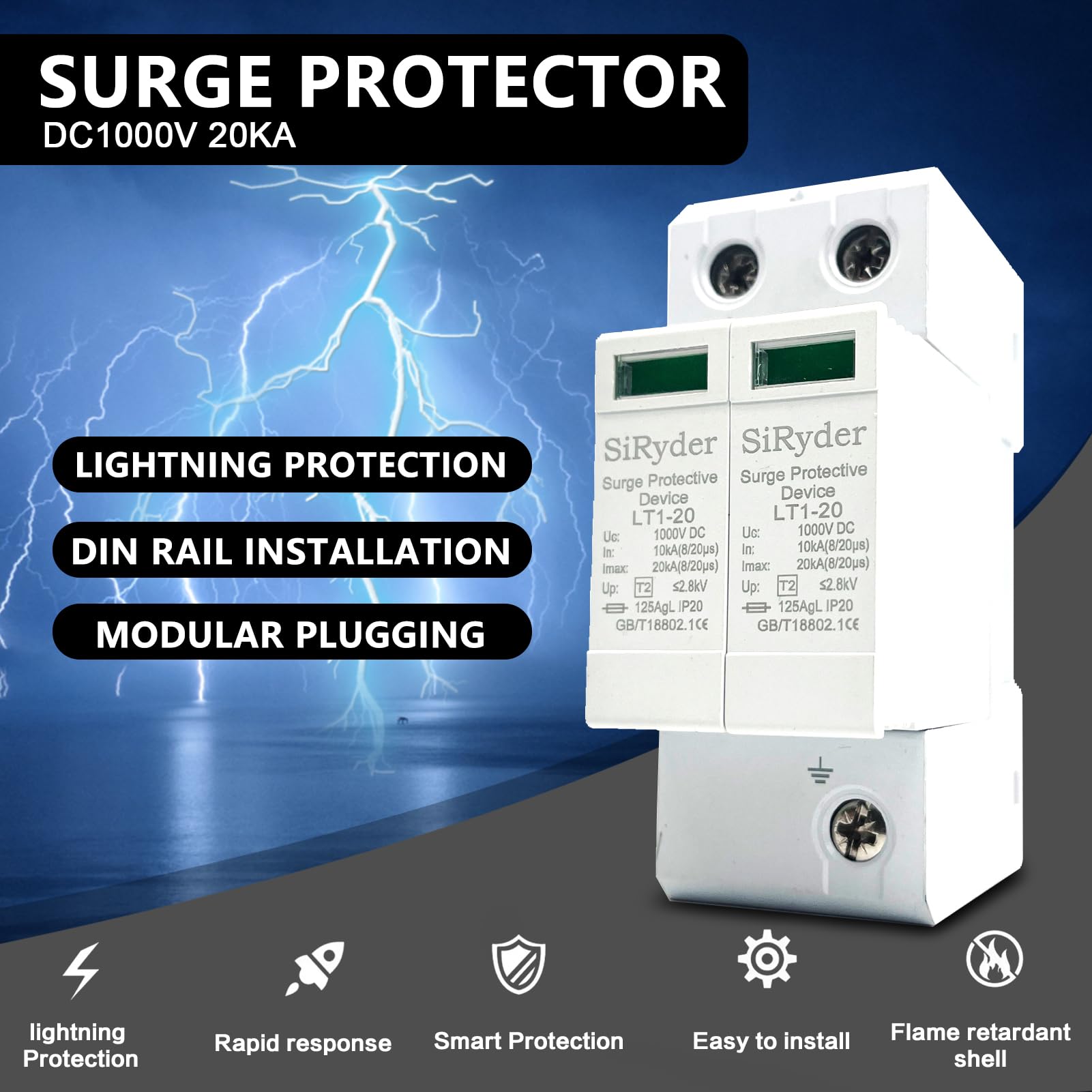 Scaricatore di Sovratensione 220V DC1000V 2P 10KA~20KA Fotovoltaico Protettore di Fulmini Bassa Tensione