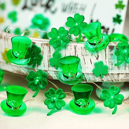 Miniatura 5 de BOHON Decoraciones del día de San Patricio, tréboles verdes, duende, sombrero de copa de luces de 10 pies, 30 luces LED de hadas de trébol de la