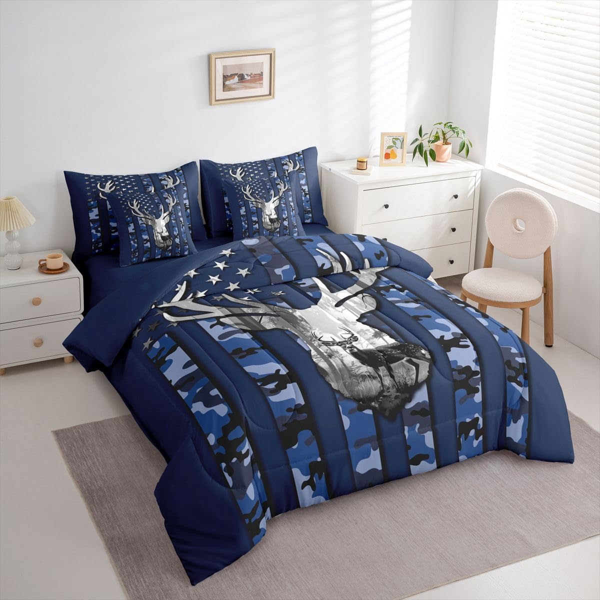 Feelyou Hunting Deer 7 Piece Bedding Set American Flag Comforter Set with Sheets for Kids Boys Girls Navy Blue Camouflage Bed in a Bag Wild Animal Theme Bed Set Soft Lightweight