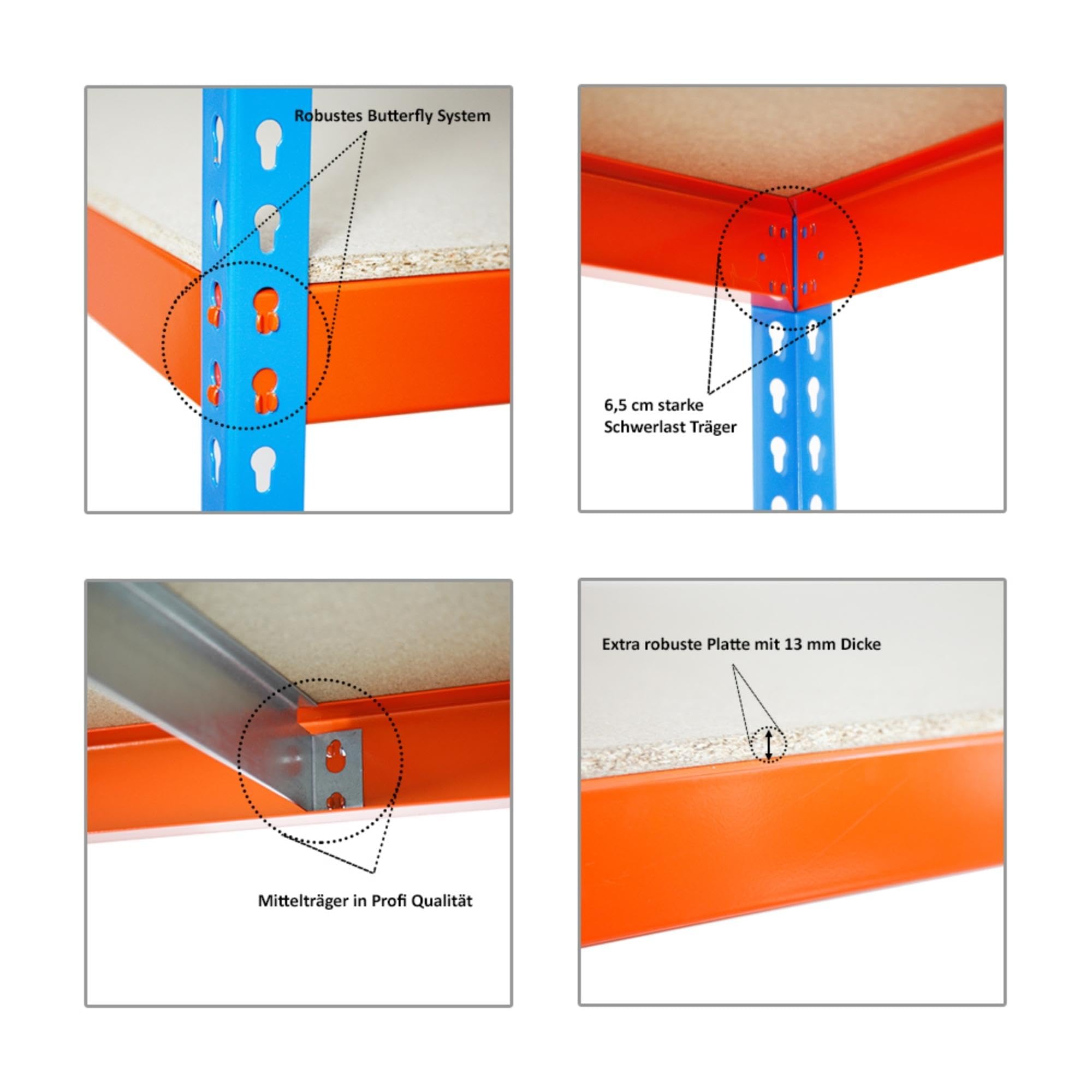 PROREGAL Schwerlastregal Wood Beast Three | HxBxT 200x180x60cm | Fachlast 600kg | Blau-Orange | Werkstattregal Lagerregal Palettenregal