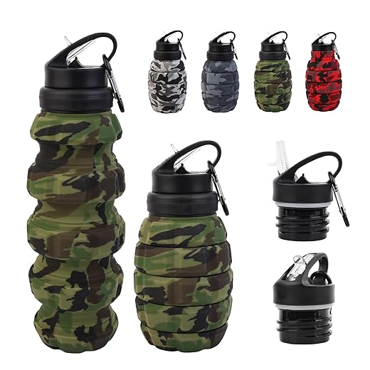 Collapsible Travel Water Bottle18oz, Reuseable Silicone Foldable Water Bottles for Gym Camping Hiking, Portable Leak Proof Sports Water Bottle with rugby Carabiner (Green)