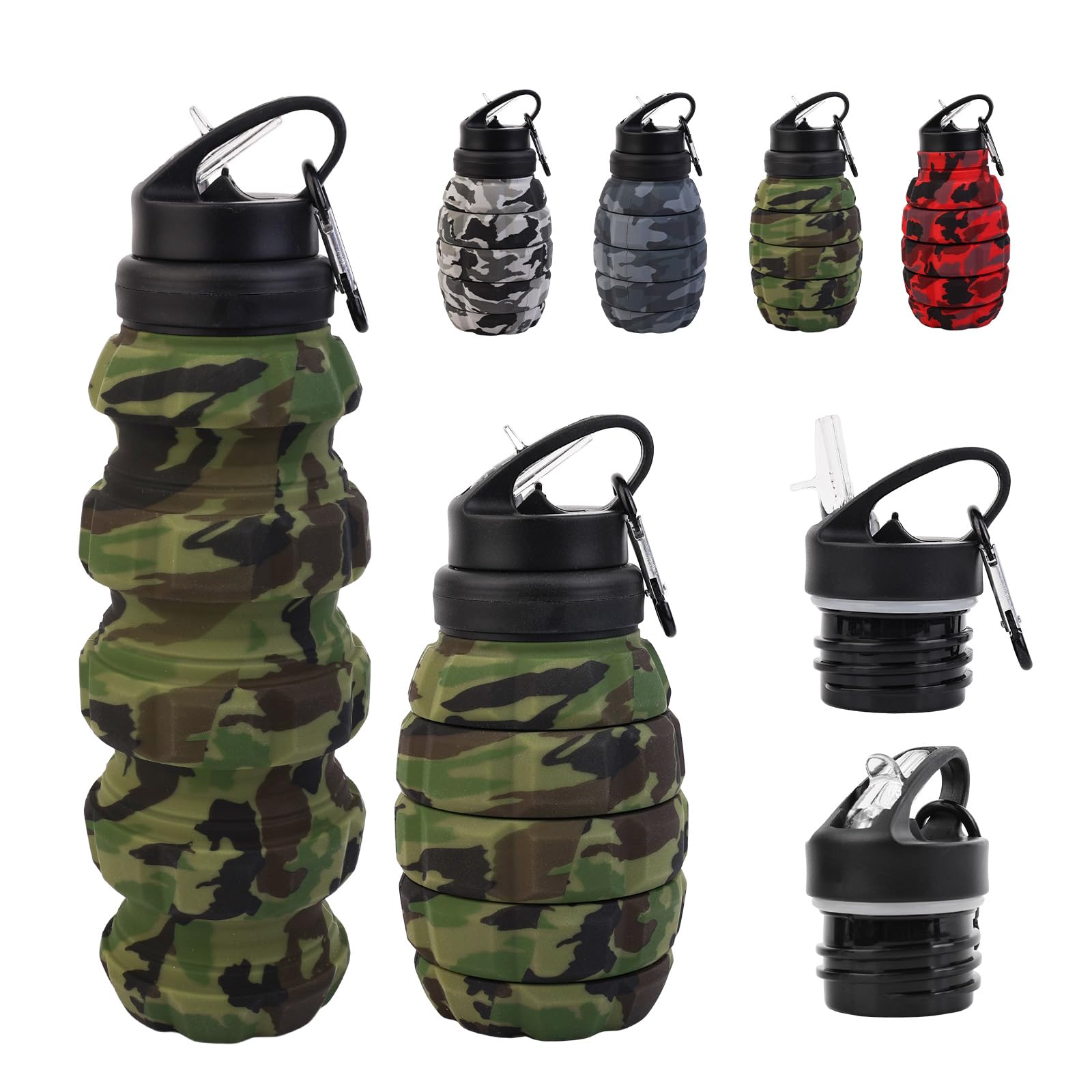 Kunhang Girls Green Collapsible Travel Water Cycling Bottle, Reuseable Silicone Foldable Water Bottles For Gym Camping Hiking, Portable Leak Proof Sports Water Army Camouflage Bottle With Grenade Carabiner