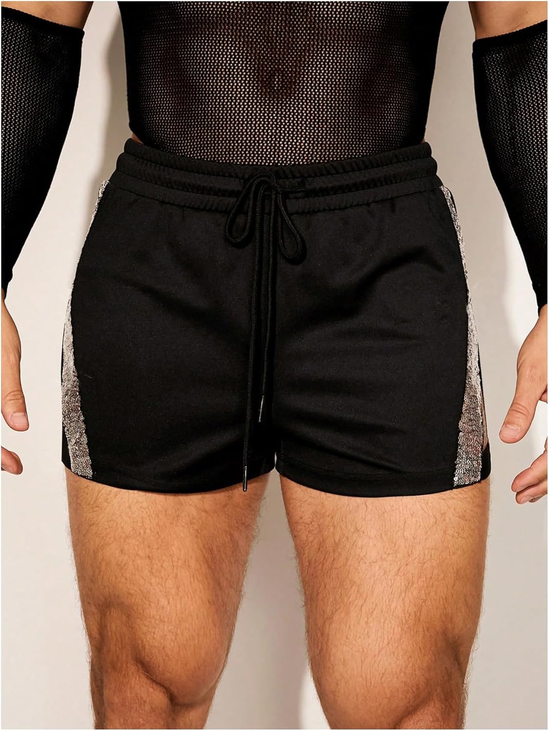 WDIRARA Men's Sequins Glitter Cut Out Drawstring Waist Shorts Party Club Shorts - Image 3