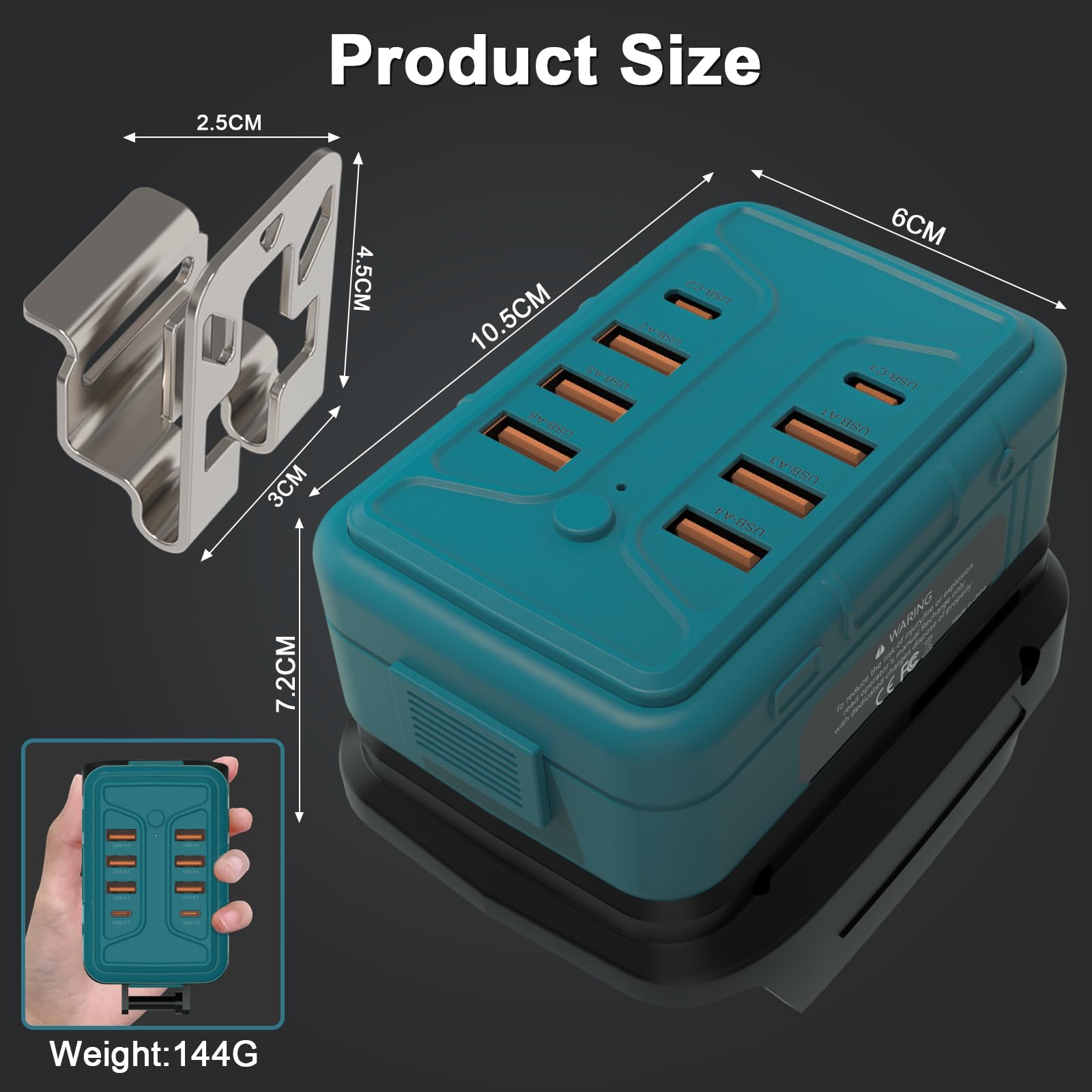 8-w-1 Ładowarka & Adapter USB do akumulatorów M-akita 18V - Przenośna ładowarka z 6x USB-A & 2x TYPE-C portami szybkiego ładowania - Powerbank do tabletów i elektroniki (tylko adapter)