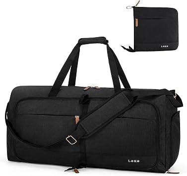 Lekesky Foldable Travel Duffle Bag for Women, 60L Large Duffel Bag with Separate Shoes Compartments & Straps, Carry On Weekend Bag for Women, Hospital, Overnight Black