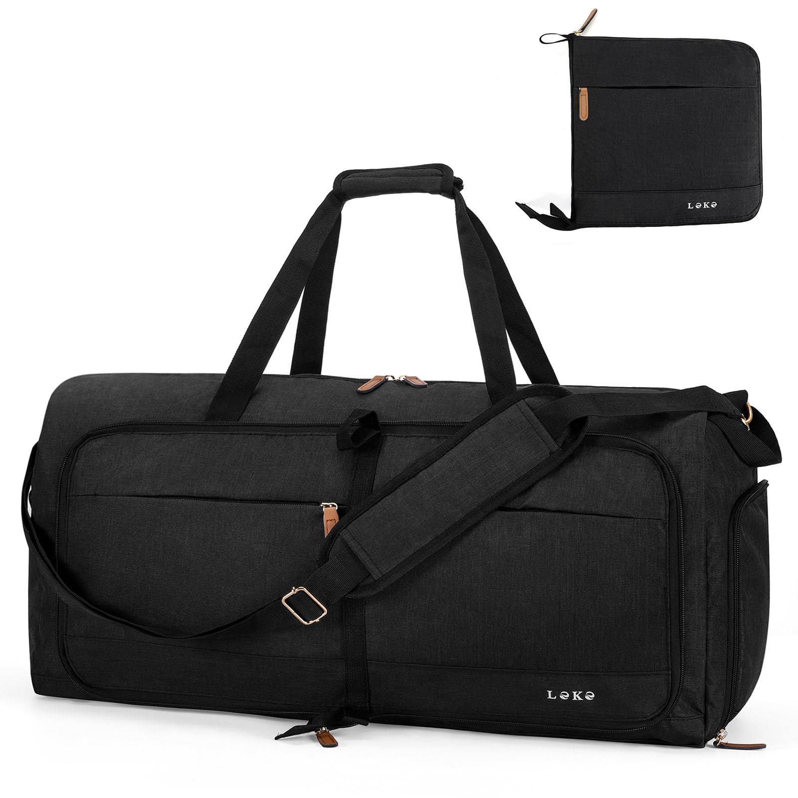 Lekesky Foldable Travel Duffle Bag for Women, 60L Large Duffel Bag with Separate Shoes Compartments &amp; Straps, Carry On Weekend Bag for Women, Hospital, Overnight (Black)