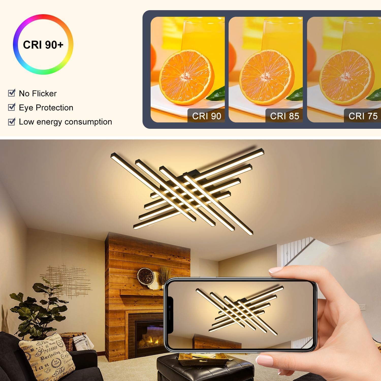 47" Black Modern LED Ceiling Light with Remote 3000K/4500K/6000K Close to Ceiling Lights Creative Design Ceiling Lamp for Bedroom Living Room Kitchen Hallway Dining Room(128W, 8 Lights)