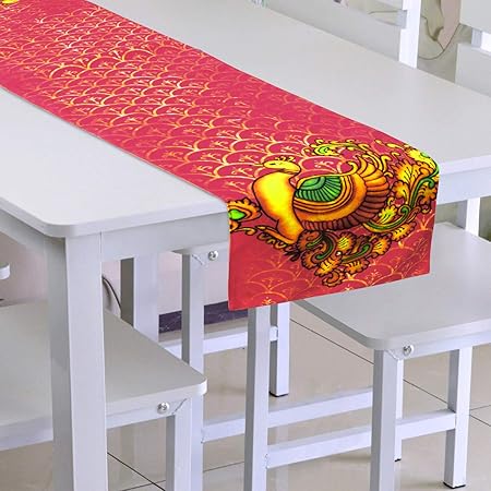 HomeStorie Poly Canvas HD Digital Printed Dining Table Runner for Centre Table, Coffee Table Runner Mat 12x60 Inches, Pink Peacock (IN-316)