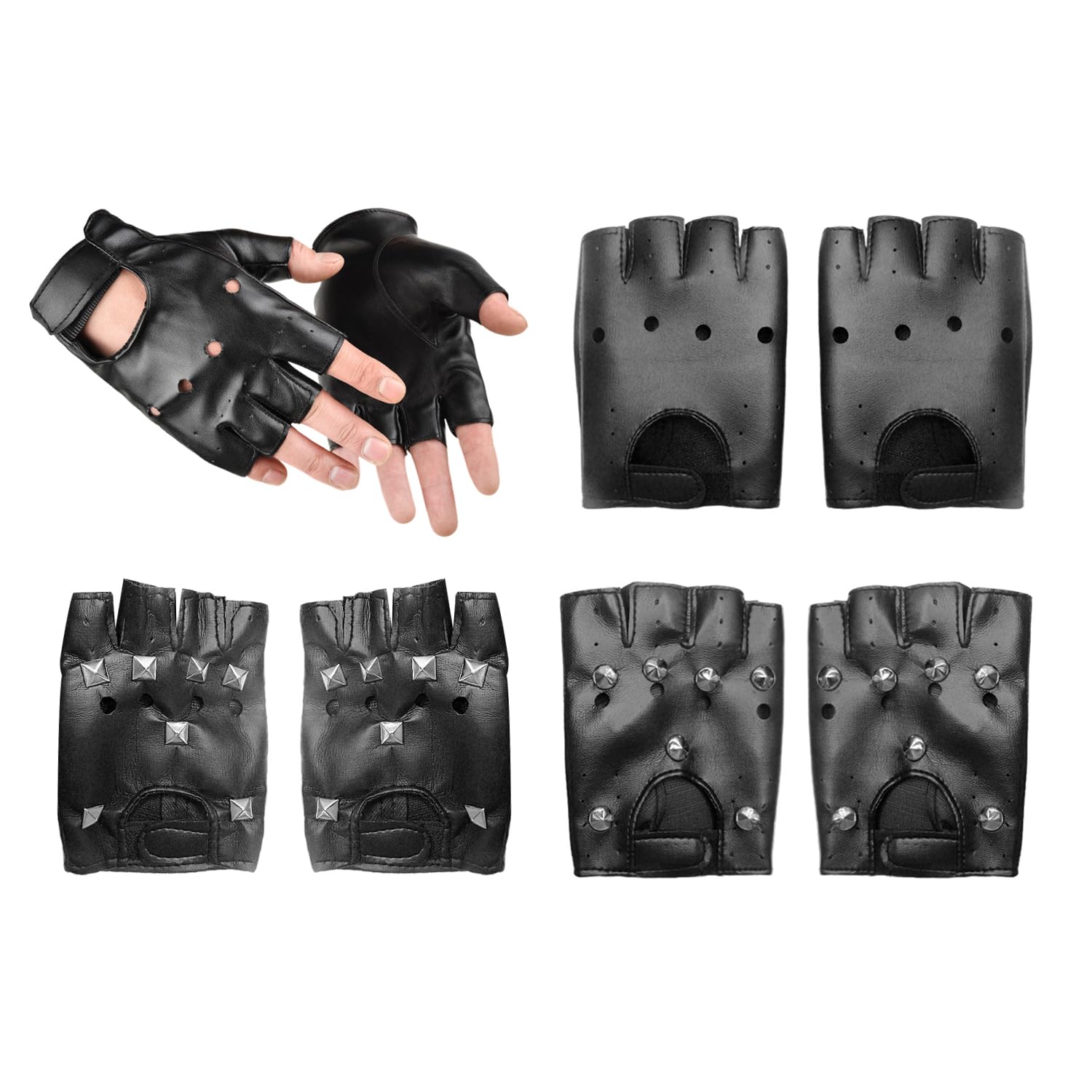3 Pieces Black Rivet Half Finger Gloves, Driving Gloves, Punk Style Accessories, Retro Gloves, Rock Accessories.