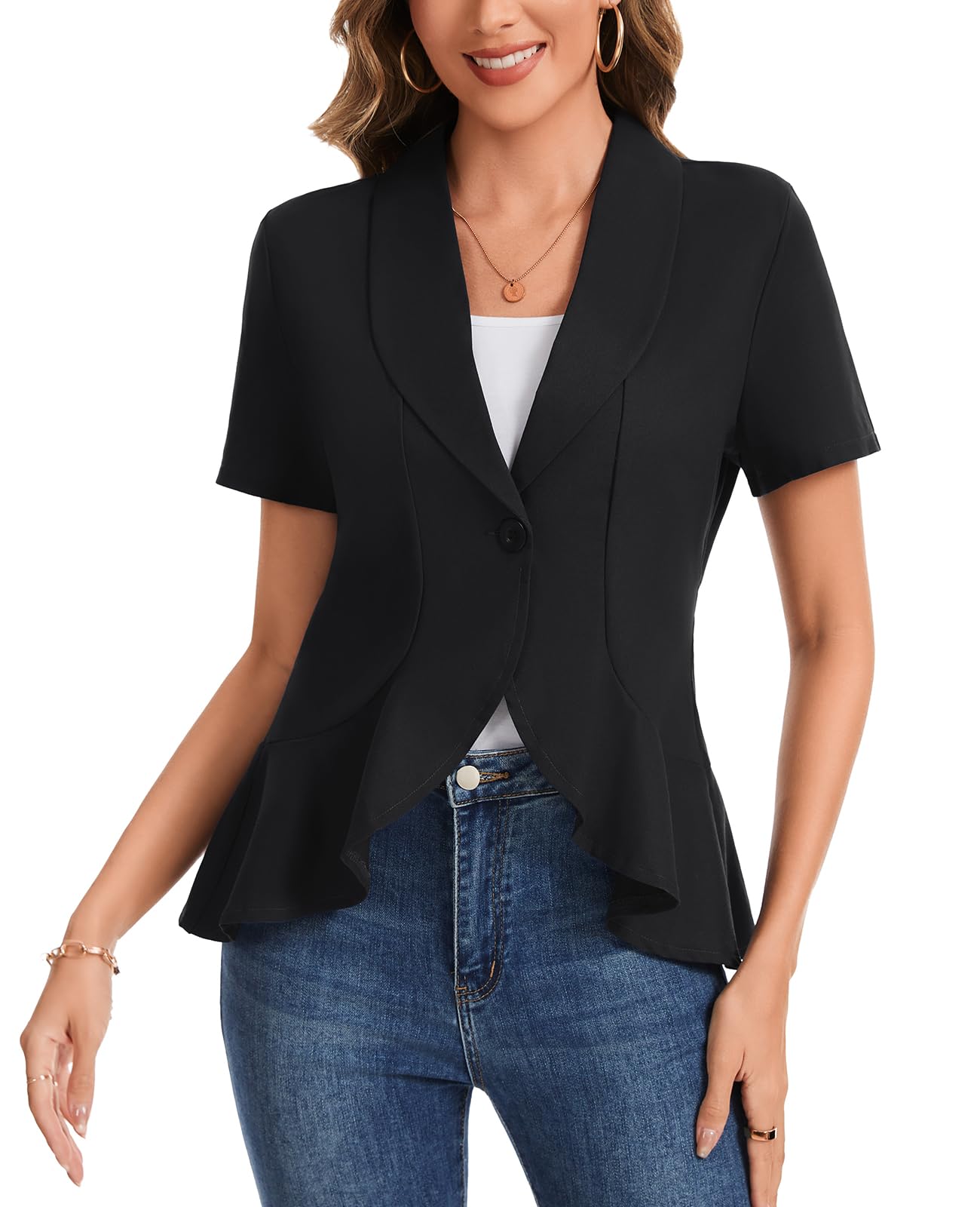 Blazer da donna a maniche corte in cotone e lino, elegante, con un bottone, abbigliamento casual da lavoro, ufficio