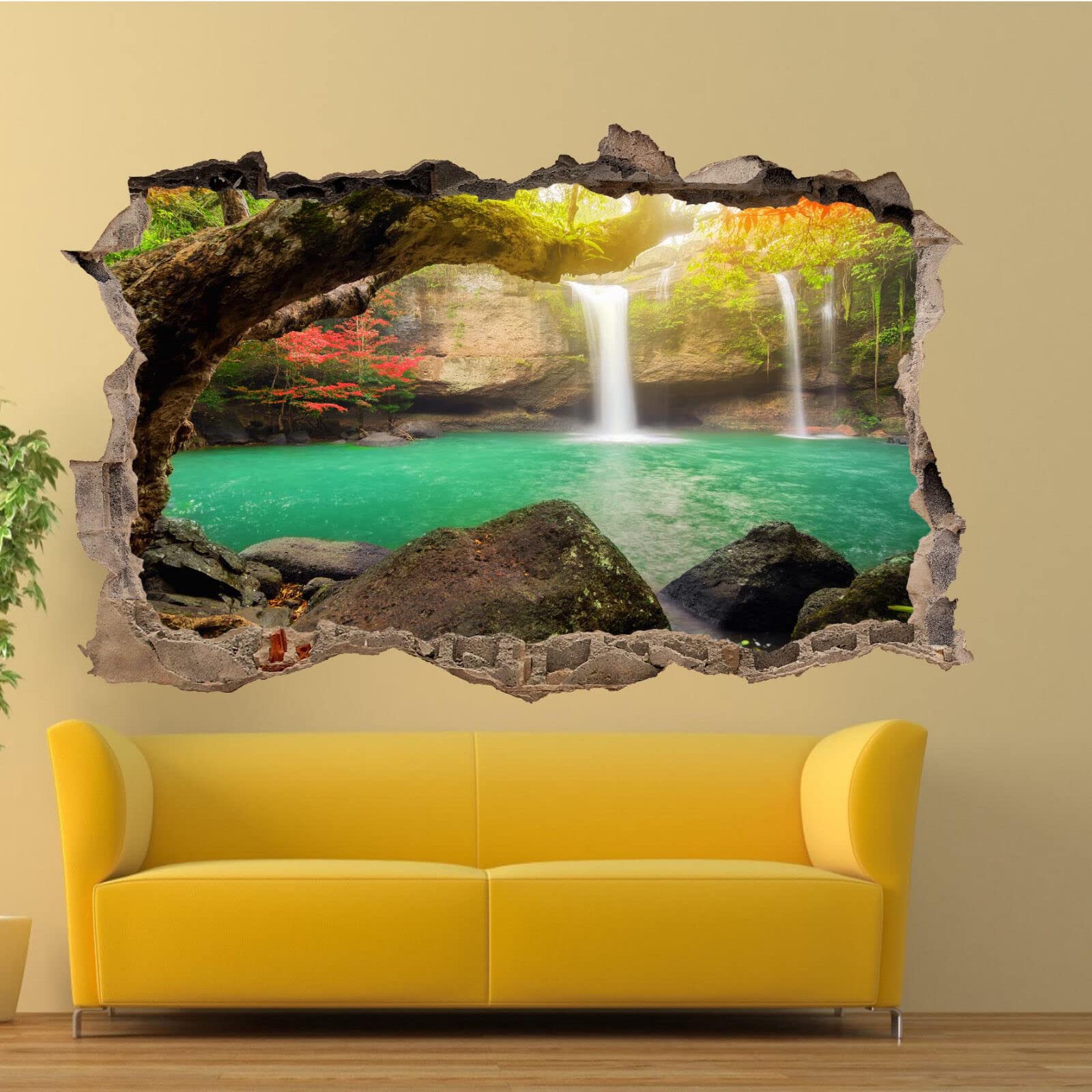 3D Autocollant Mural Bleu Lac Arbres Cascade Autocollants Muraux 3D Art Mural Room Bureau Home Decor 70x110cm