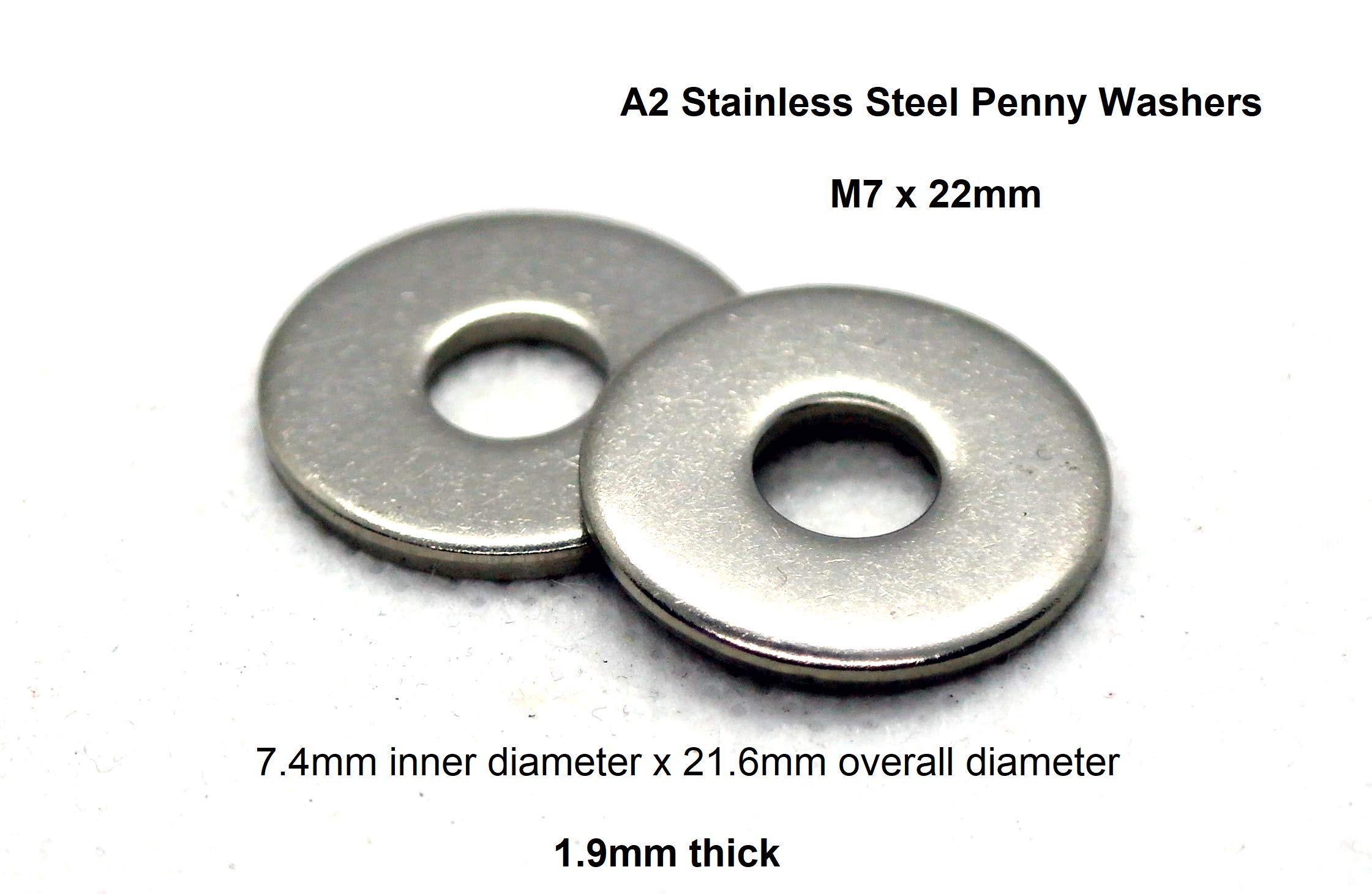 Penny Washers M7 x 22mm A2 Stainless Steel 7.4mm Inner Diameter x 22mm Outer Diameter x 2.1mm Thick(10, Stainless Steel M7 x 22mm) - Image 2