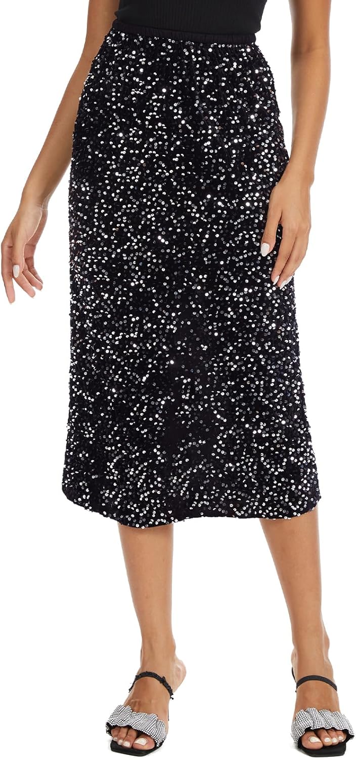 Women's Sequin Velvet Midi Skirt Elastic High Waist Night Out Split Hem Party Skirts - Image 6