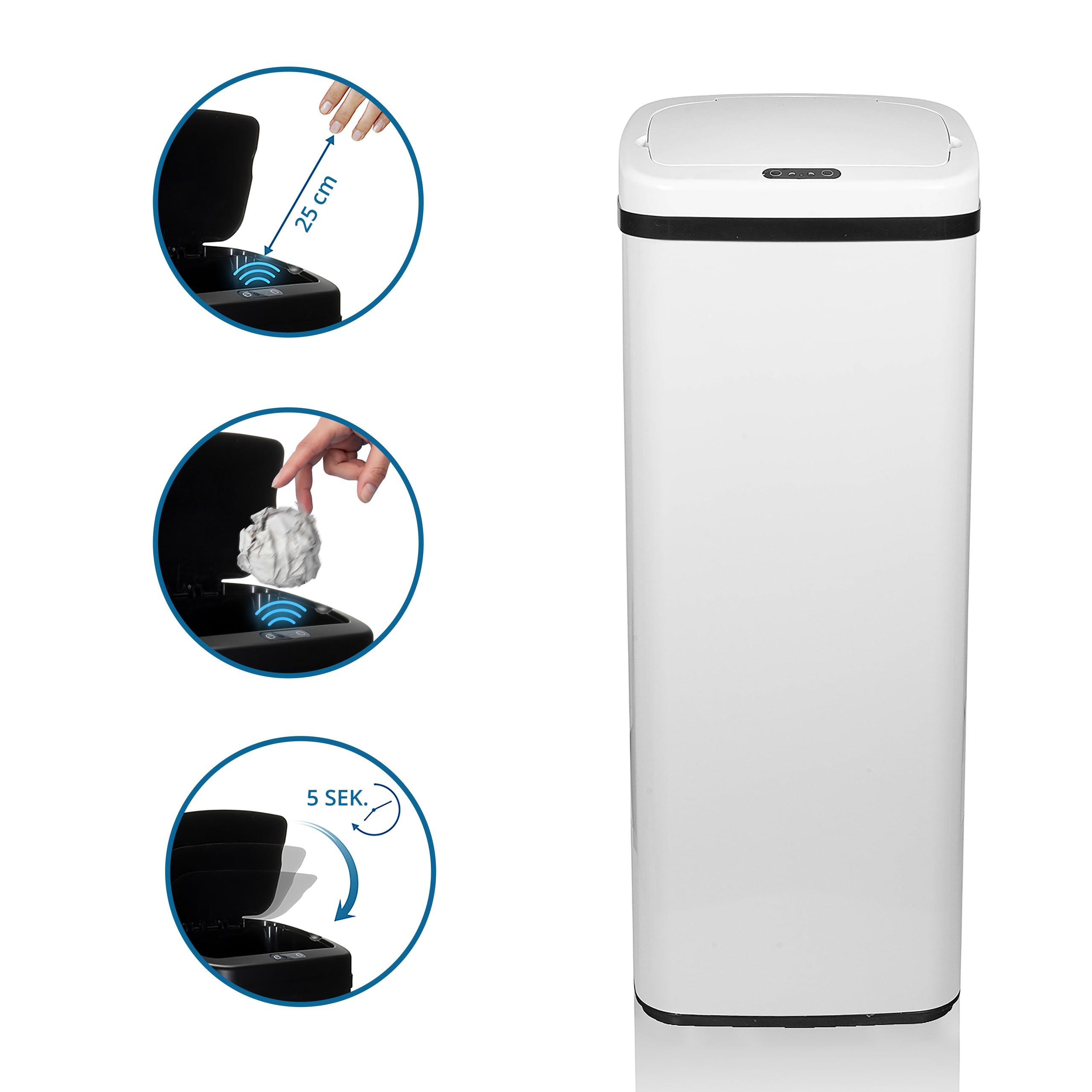 hjh OFFICE 830047 Poubelle avec capteur 50L CLEAN V acier blanc Poubelle automatique avec indicateur LED, haute