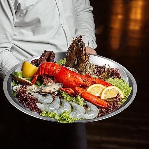 Miniatura 6 de Plato de mariscos de aluminio de 2 piezas, bandeja redonda de 16 pulgadas con sección de ostras de 14 pulgadas, color plateado