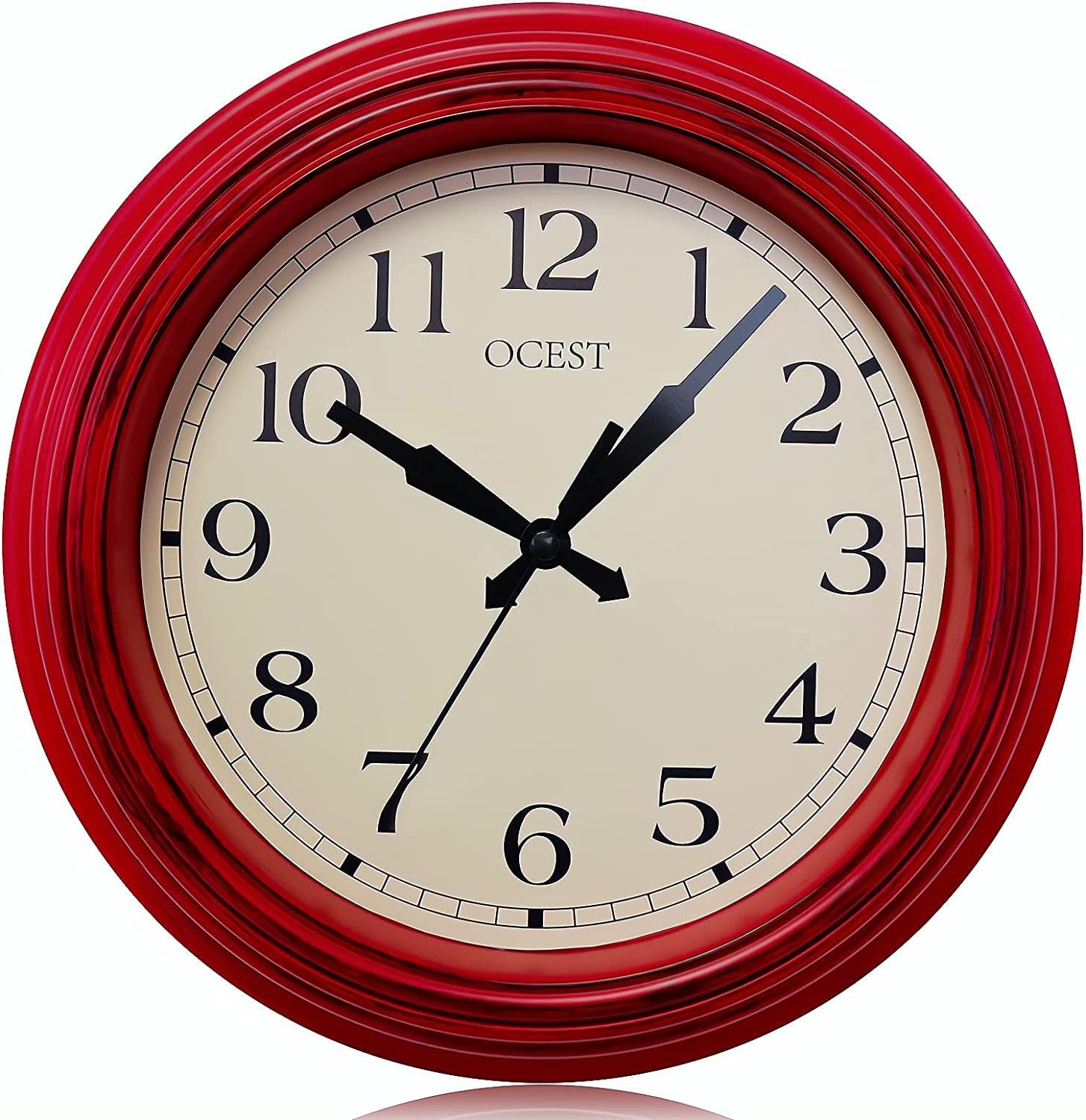 OCEST Kitchen Wall Clock, 9" Red Silent Quartz Battery Operated Retro