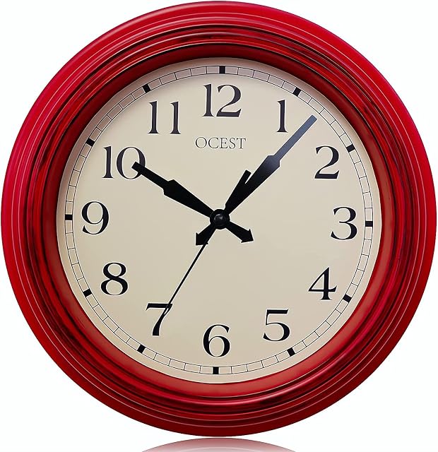 OCEST 9" Red Wall Clock, Silent Quartz Battery Operated Retro Round Clock Décor for Kitchen Home and Living Kids Room Office Bedrooms Gift
