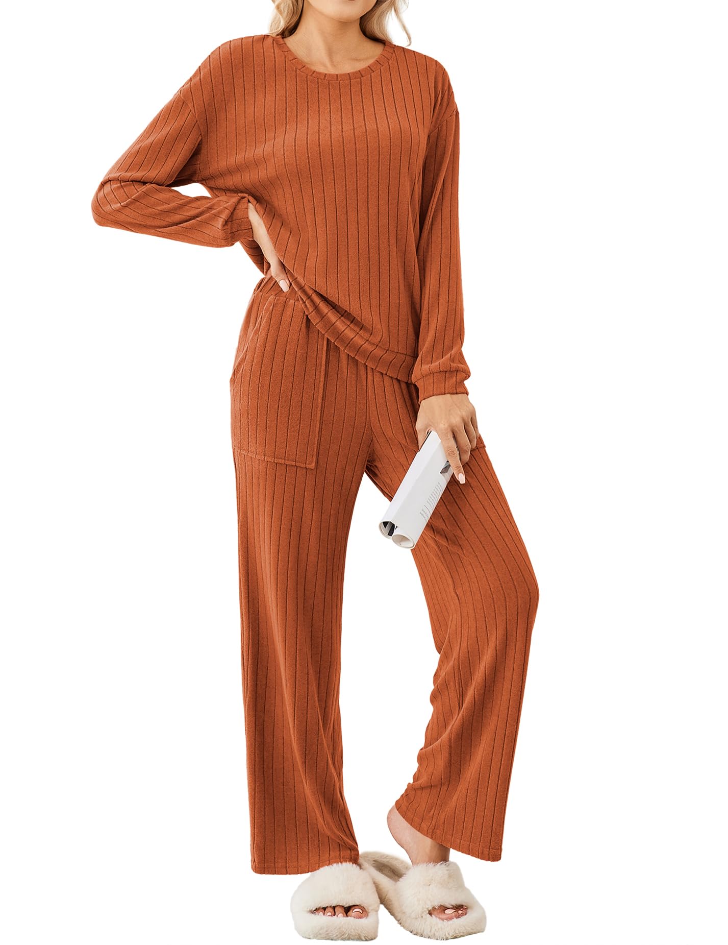 Ekouaer Lounge Sets for Women Ribbed Knit Pajama Sets 2 Piece Long Sleeve Pjs Soft Loungewear Outfits with
