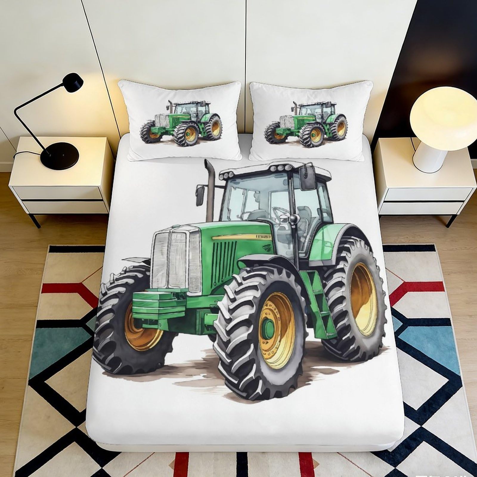 3D Printed Green Tractor Fitted Sheet Microfiber Soft Breathable Farm Vehicle Bed Cover for Bedroom Dormitory Guest Room Mattress Protection 140x200x25cm
