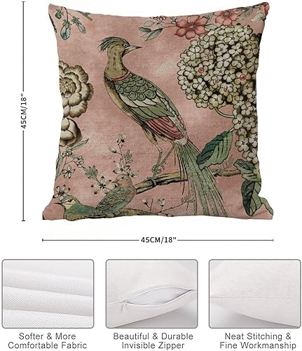 Miniatura 7 de ArogGeld Funda de almohada de pavo real de hortensias y camelia chinoiserie, funda de cojín rosa rubor de 18 x 18 pulgadas, funda de almohada