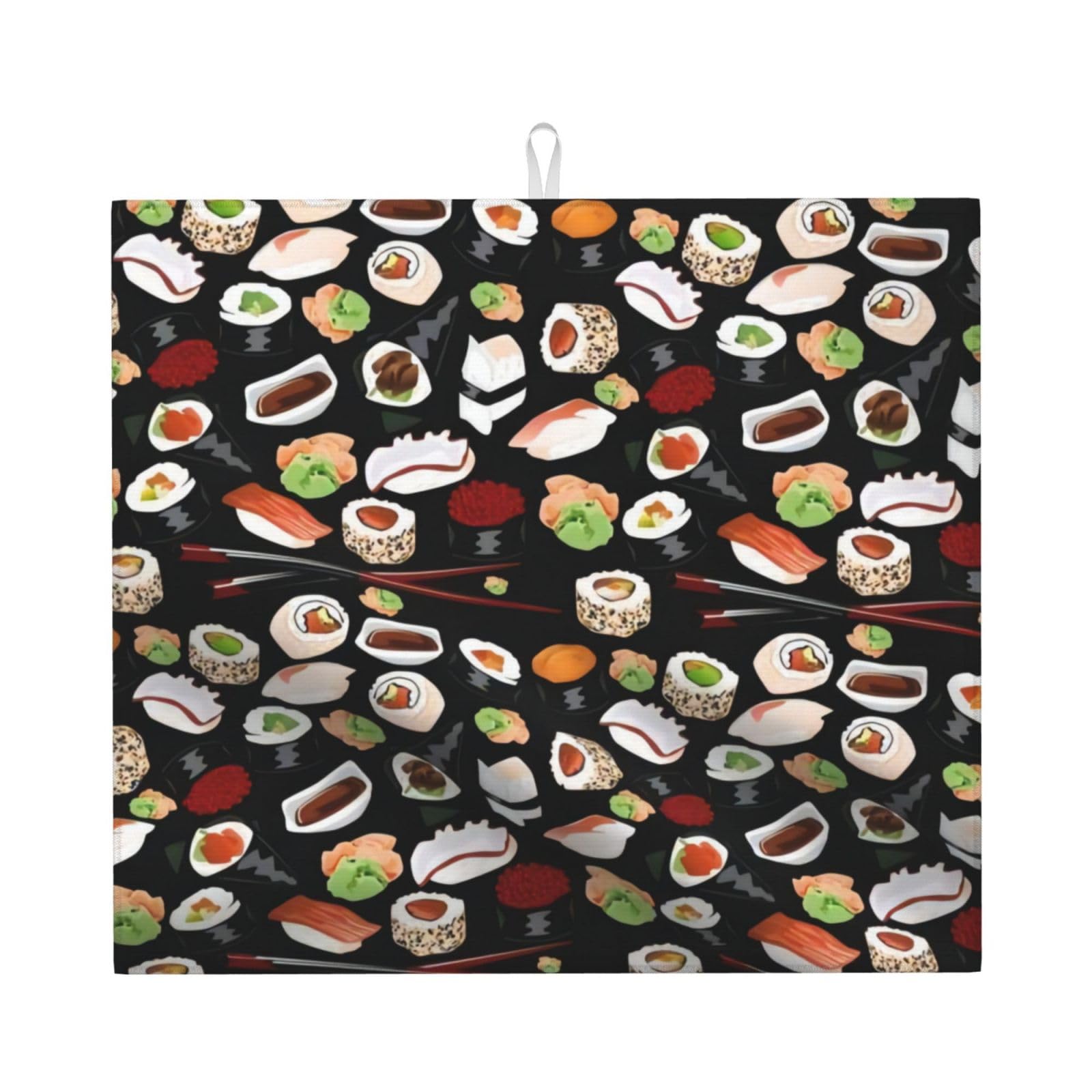 WHJSHOP Japanese Sushi Black Prints Kitchen Drying Mat – Absorbent Dish Throw for Countertops, Quick-Dry Non-Slip Layer with Colorful Prints, Ideal Housewarming Gift