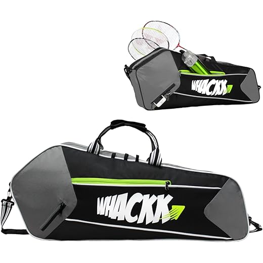 Whackk Break Point Unisex Lightwieght Stylish Tennis Badminton Squash Shuttle Equipment Kit Bag Cover | Water Bottle & Mobile Pocket |Rackets Tennis-4 Squash-4 Badminton-8 (Black Grey) - Made in India