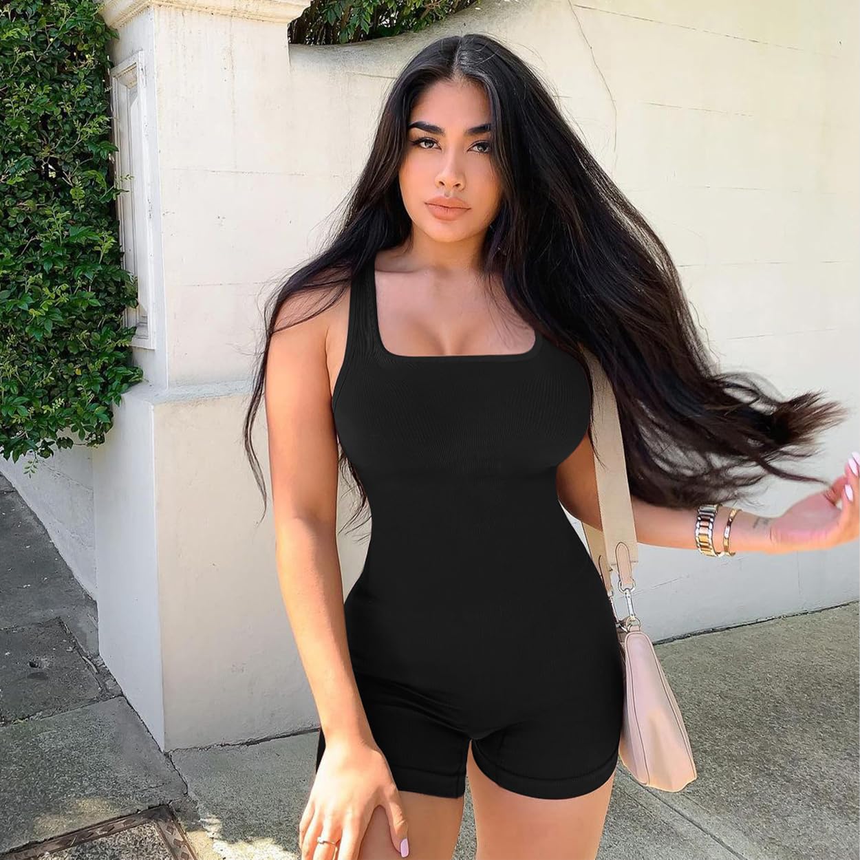 KIKIMINK Body Damen Bodysuit Shapewear Ribbed Sleeveless Jumpsuit Tank Top Enges Sportbody Elegantes Body Sexy Figurbetontes Square Neck Damenbody