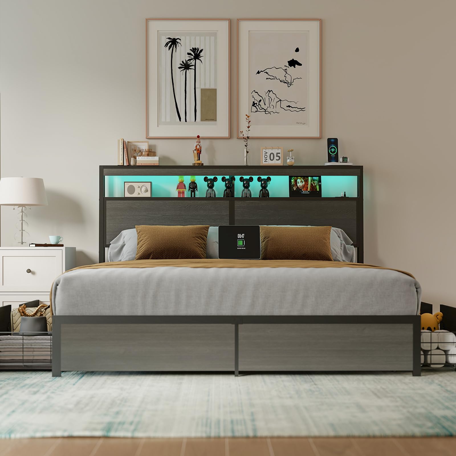 full size bed frame with storage, led wood bed platform with headboard, 4 drawers, charging station, no box spring needed, metal support base, rustic grey