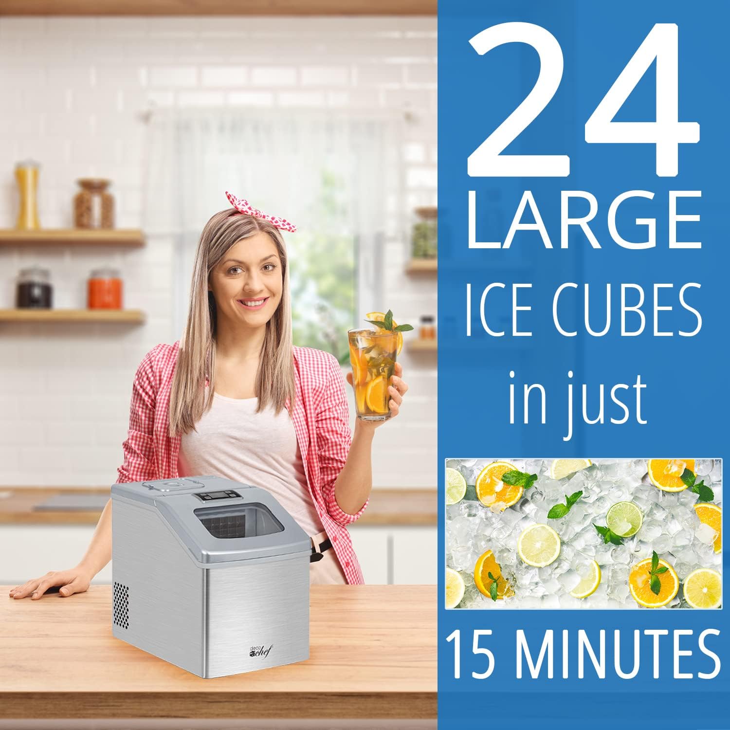 Deco Chef 40LB/24H Countertop Ice Maker, 24 Ice Cubes Every 15 Minutes, Adjustable Size, LCD Indicator, Stainless Steel