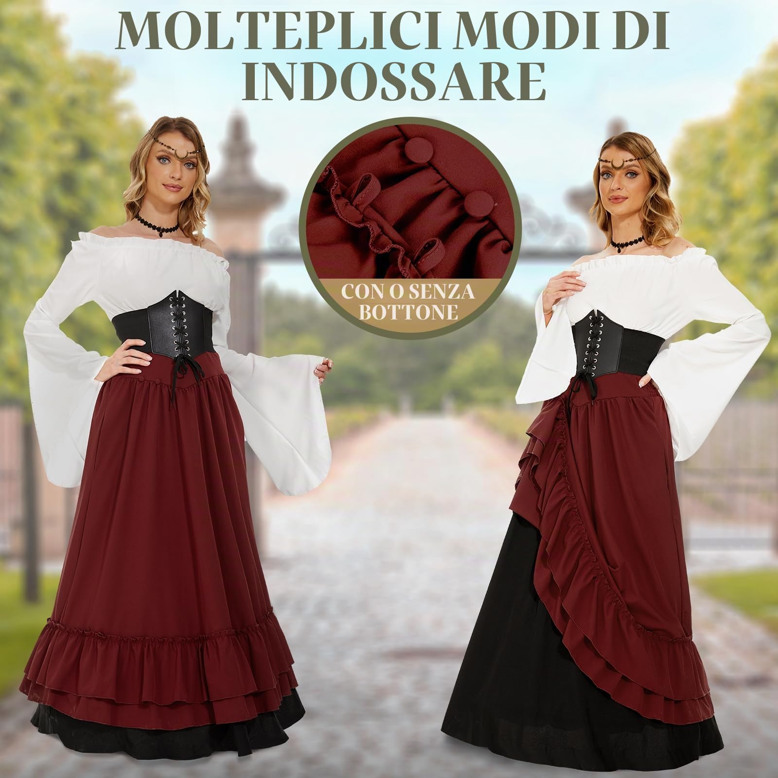 JONRRYIN Abbigliamento Medievale per Donna, Abbigliamento Rinascimentale Vittoriana, Maniche a Tromba Abito Boemia Accessori, Gotico da Palazzo Principessa Abito Carnevale Festa Halloween