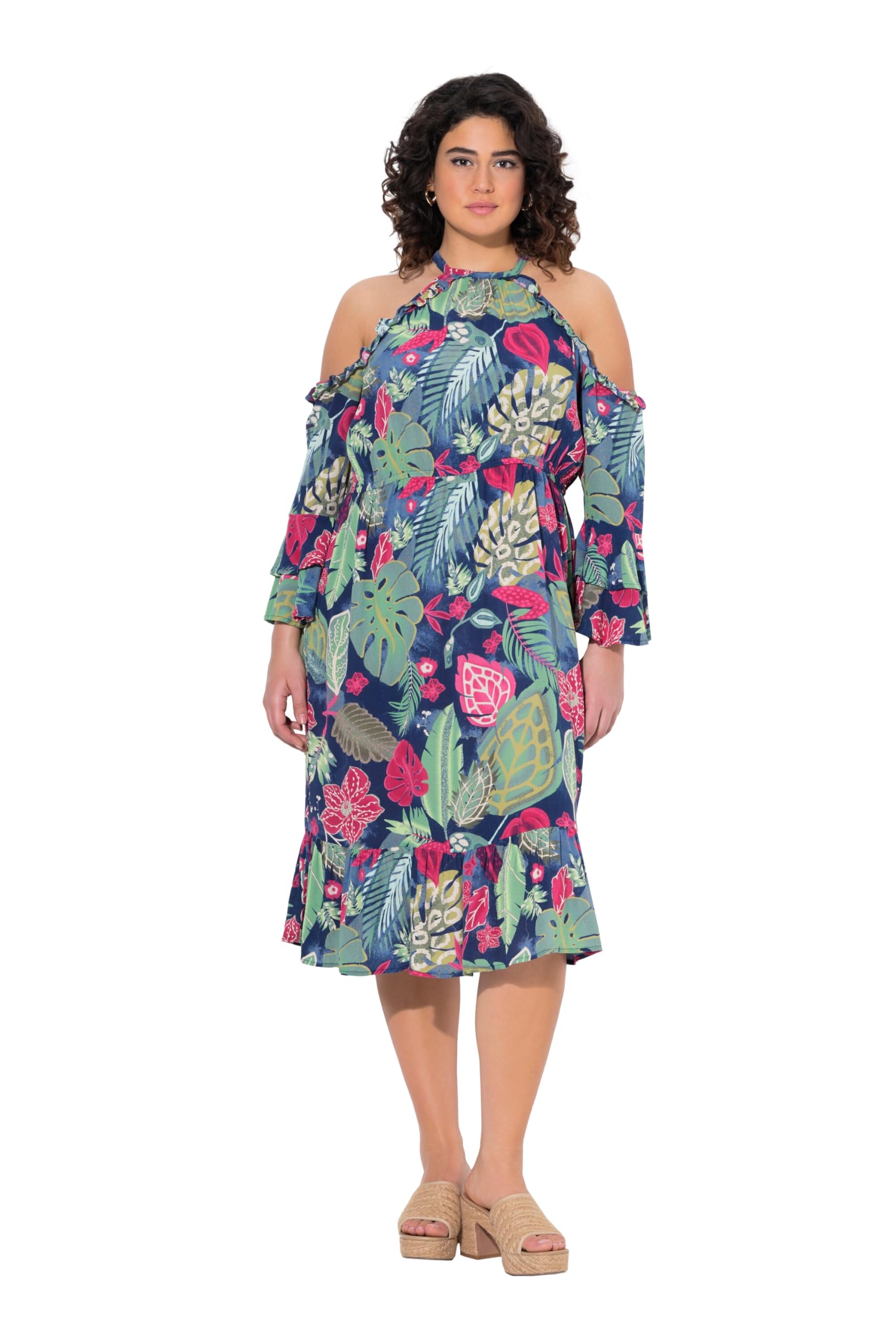 Ulla Popken Damen große Größen Übergrößen Plus Size Kleid, A-Linie, Rundhals, schulterfrei, 3/4-Arm 842471