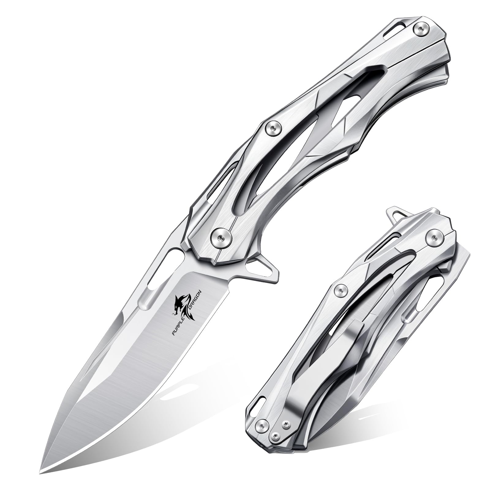 Purple Dragon Folding Pocket Knife - Heft Camping EDC Knife - Sliver | D2 Clip Point Blade, All-steel Handle, Carry Clip, Quick Deployment, Accidental Closure Prevention, Gift Box, Gift...