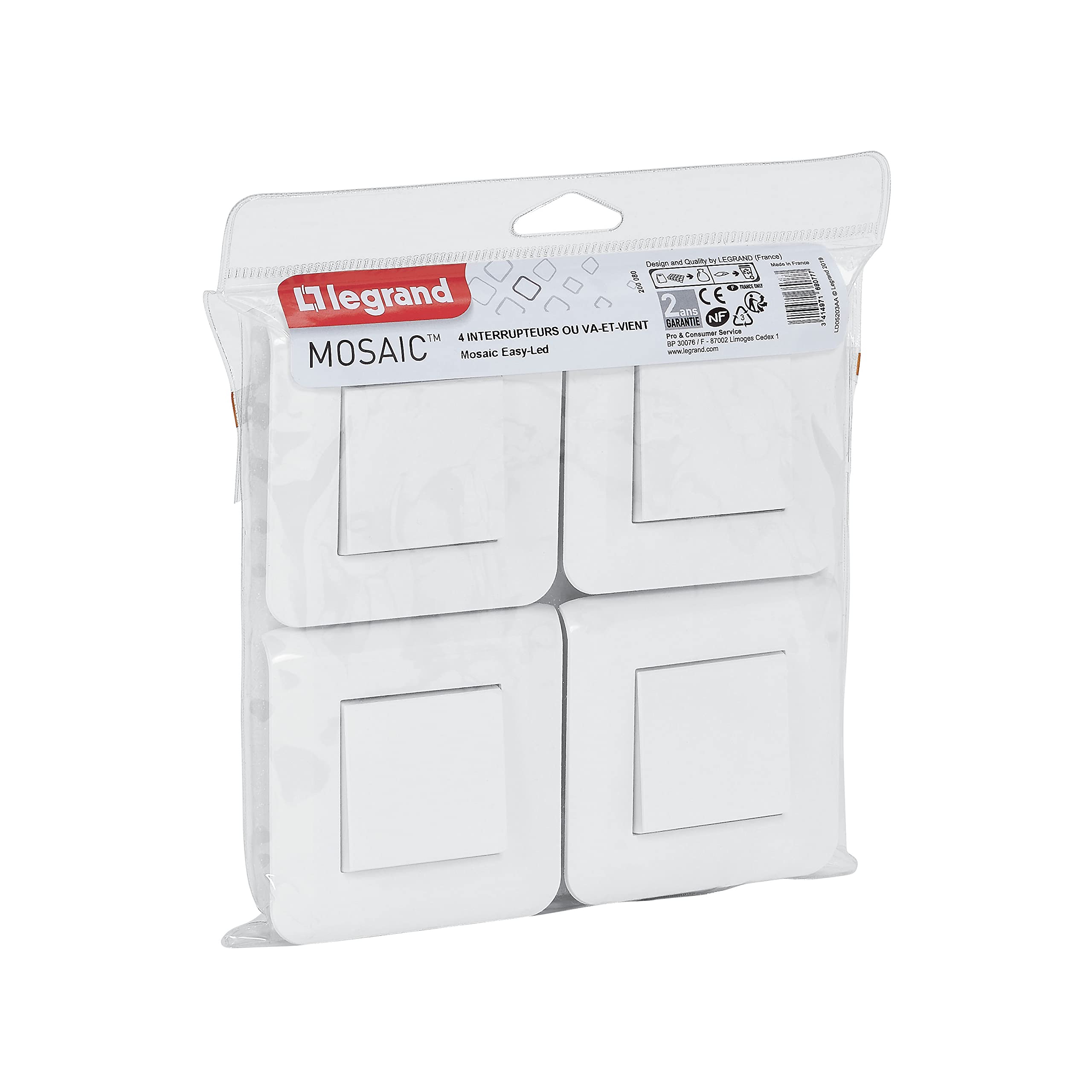 LEGRAND | Multipack Mosaic 4 Interrupteurs Va-Et-Vient Complet Blanc, Fixation À Vis, Plaque De Finition Brillante, Connexion Rapide Sans Outil