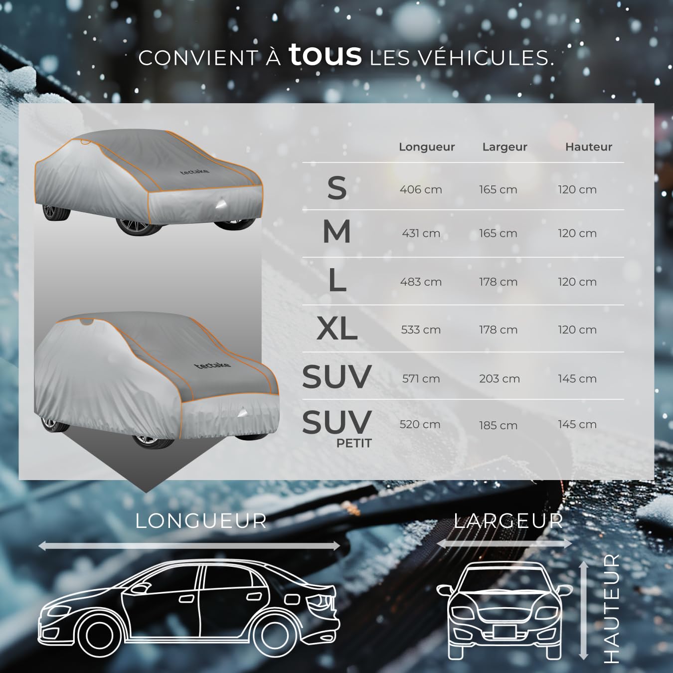 tectake® Bâche de protection pour Voiture Extérieur Bâche imperméable, Respirant, Housse de voiture Anti-grêle, Bandes réfléchissantes, Anti-UV, Anti-poussière, Anti-moisissure pour Petite voiture SUV