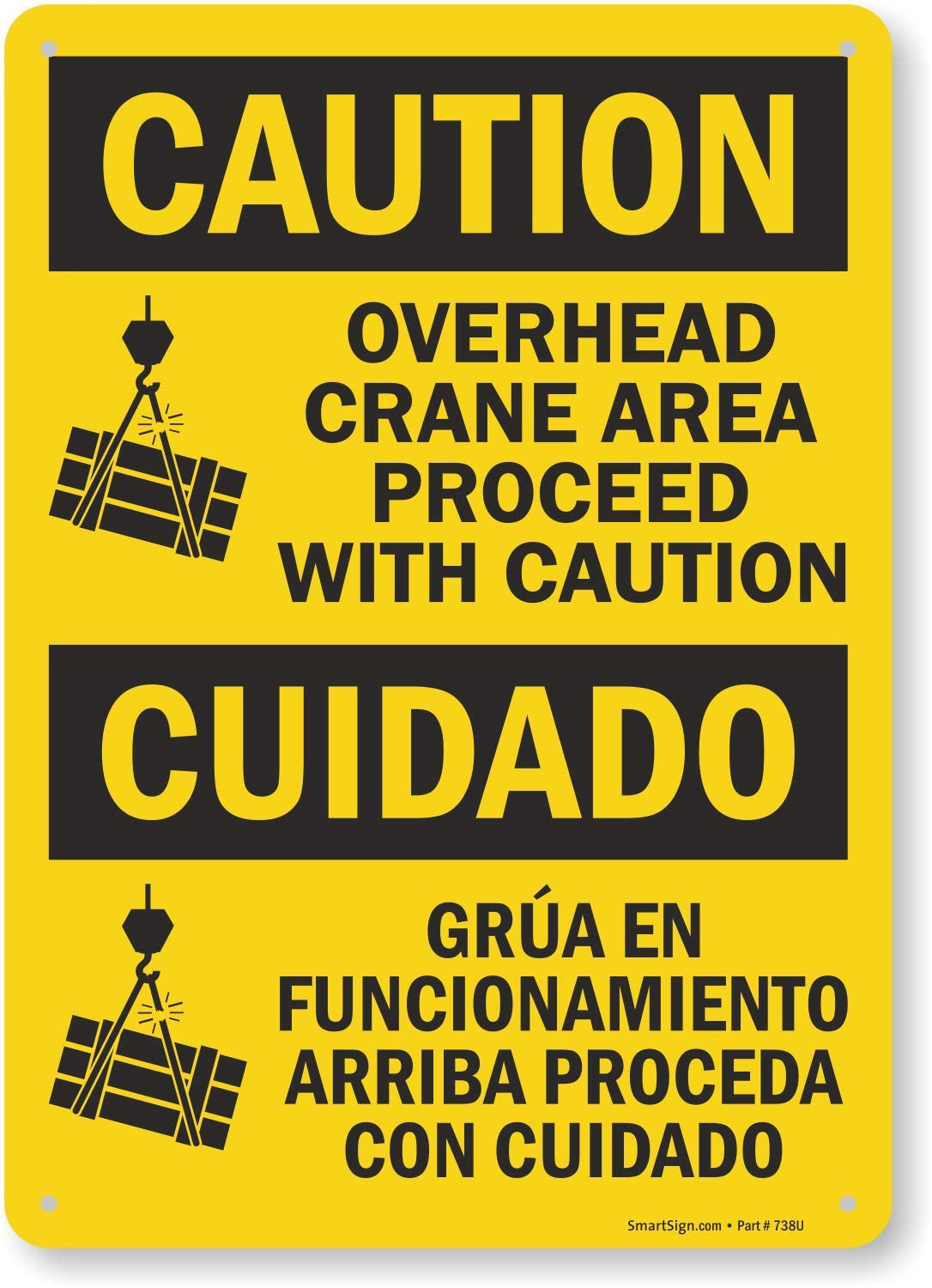 SmartSign by Lyle S-1454-PL-14 Caution: Overhead Crane Proceed with Caution Plastic Sign Bilingual with Graphic 14 x 10 Black on Yellow