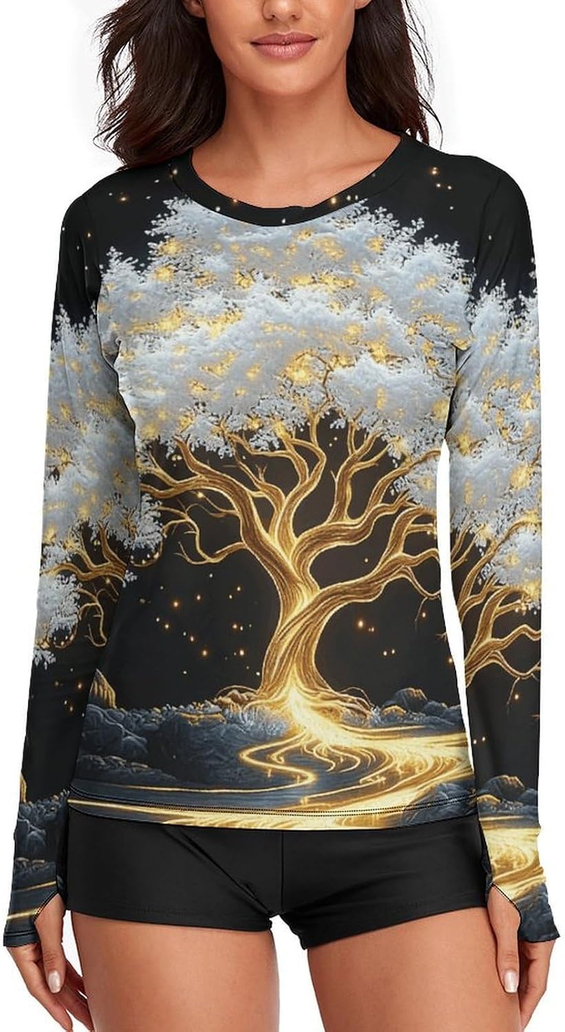 Ancient Trees Rash Guard for Women UPF 50+ UV Sun Protection | Long Sleeve Workout Top Quick Dry Athletic Hiking Shirt Moisture Wicking Swim Shirt for Running, Cycling, Swimming