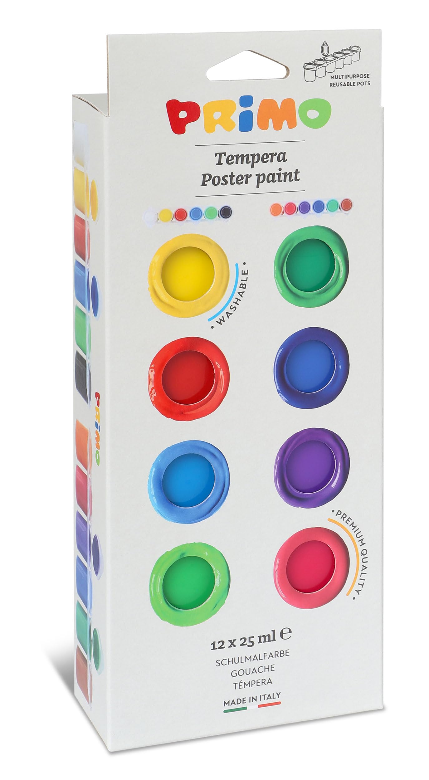 PRIMO - Tempere Lavabili per Bambini +3 Anni, 12 Colori per Bambini 25 ml in Vasetto Validi come Colori per Tessuti e Lavoretti Creativi, Pittura per Tessuti, Carta e Vetro, Colori a Tempera Coprenti