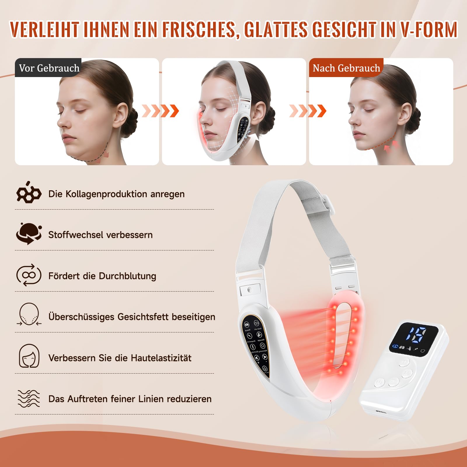 Elektrisches V-Face-Shaping-Massage, 5 Modi & 15 Intensitätsstufen, Gesichtsmassagegerät, entfernt Doppelkinn, schafft eine definierte Kieferlinie.
