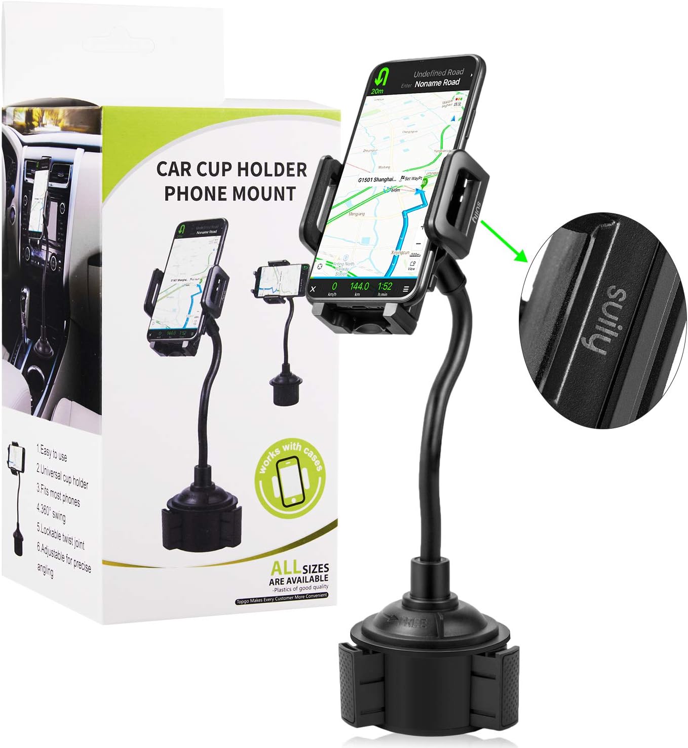 Cell Phone Holder for Car, suily Universal Adjustable Gooseneck Cup Holder Cradle Car Mount for iPhone Xs/SX Max/X/8/7 Plus/Galaxy S8/ Huawei (Black)