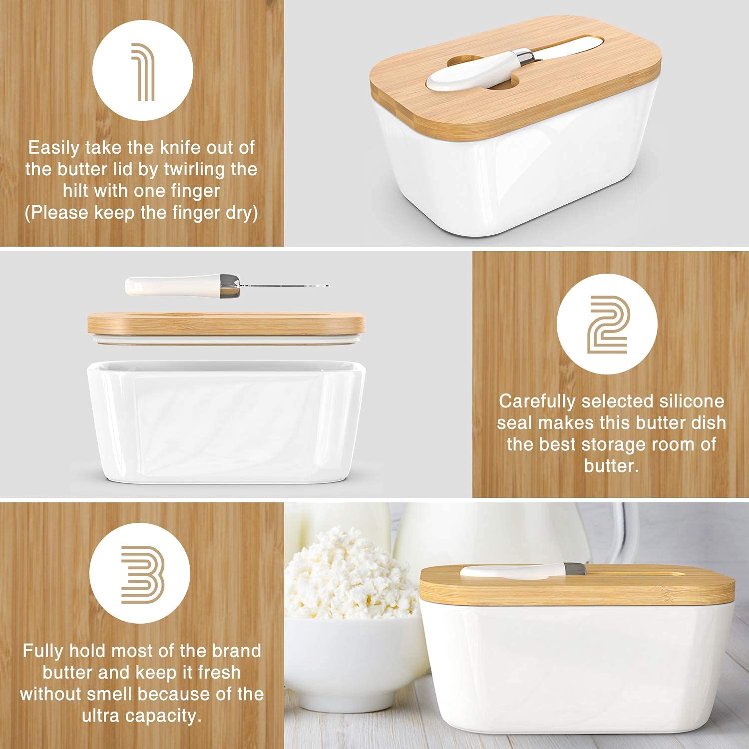 divine man Butter Dishes Box Premium Quality Elite Range Heavy Fine Porcelain Butter Box,Butter Dish with Wooden Top Cover,Lid with a Knife -600 ML 4