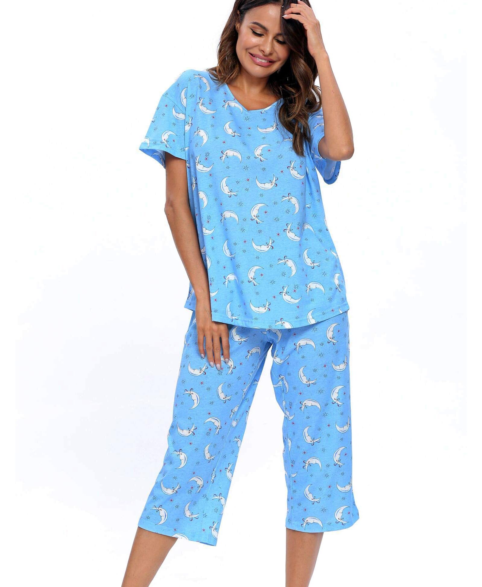 Schlafanzug Damen Zweiteiliger Pyjama Sommer Nachtwäsche Kurz Baumwolle Hausanzug Capri Sleepwear Oberteil und 3/4 Hose S-XXL