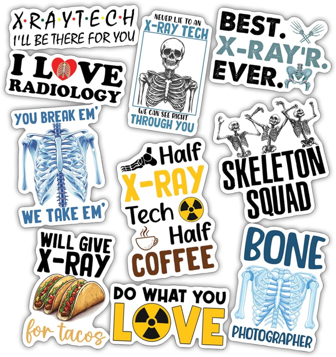 10pcs Radiology Sticker Sheet, X-Ray Tech Vinyl Decals for Radiologic Technologists, Students, Healthcare Workers, Waterproof, UV-Resistant, for Laptop, Water Bottle, Clipboard, Phone Case, Notebook