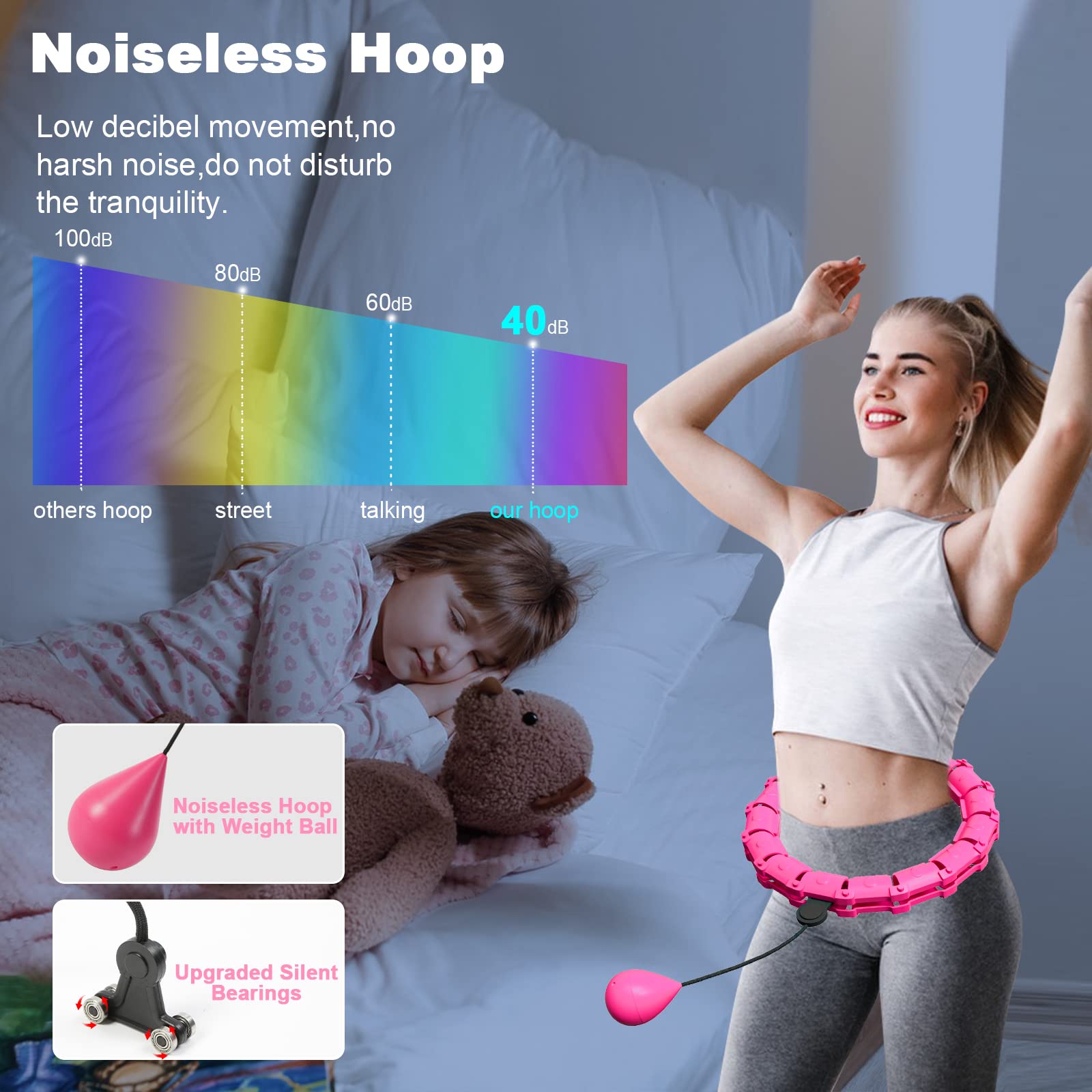 Smart Hula Hoop Reifen Erwachsene mit Gewicht Kugel,24Knoten abnehmbar/verstellbar Hullahub Reifen zum Abnehmen mit Ball Fällt nie ab Sportgeräte Fitness Zuhause-Rosa Geschenke für Frauen,XL