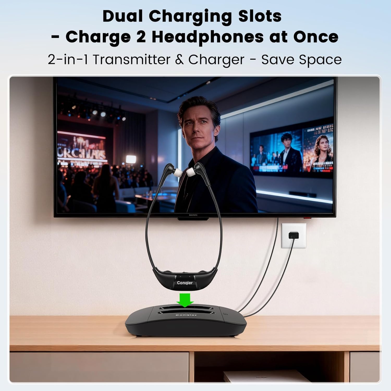 Conqier Dual TV Wireless Headphones - Dialogue Clear & 164FT Range, 3 TONE, Peacefully Watch Together, Wireless TV Headsets for Seniors, Audio Bypass to Soundbar, Left/Right Balance, Individual Volume