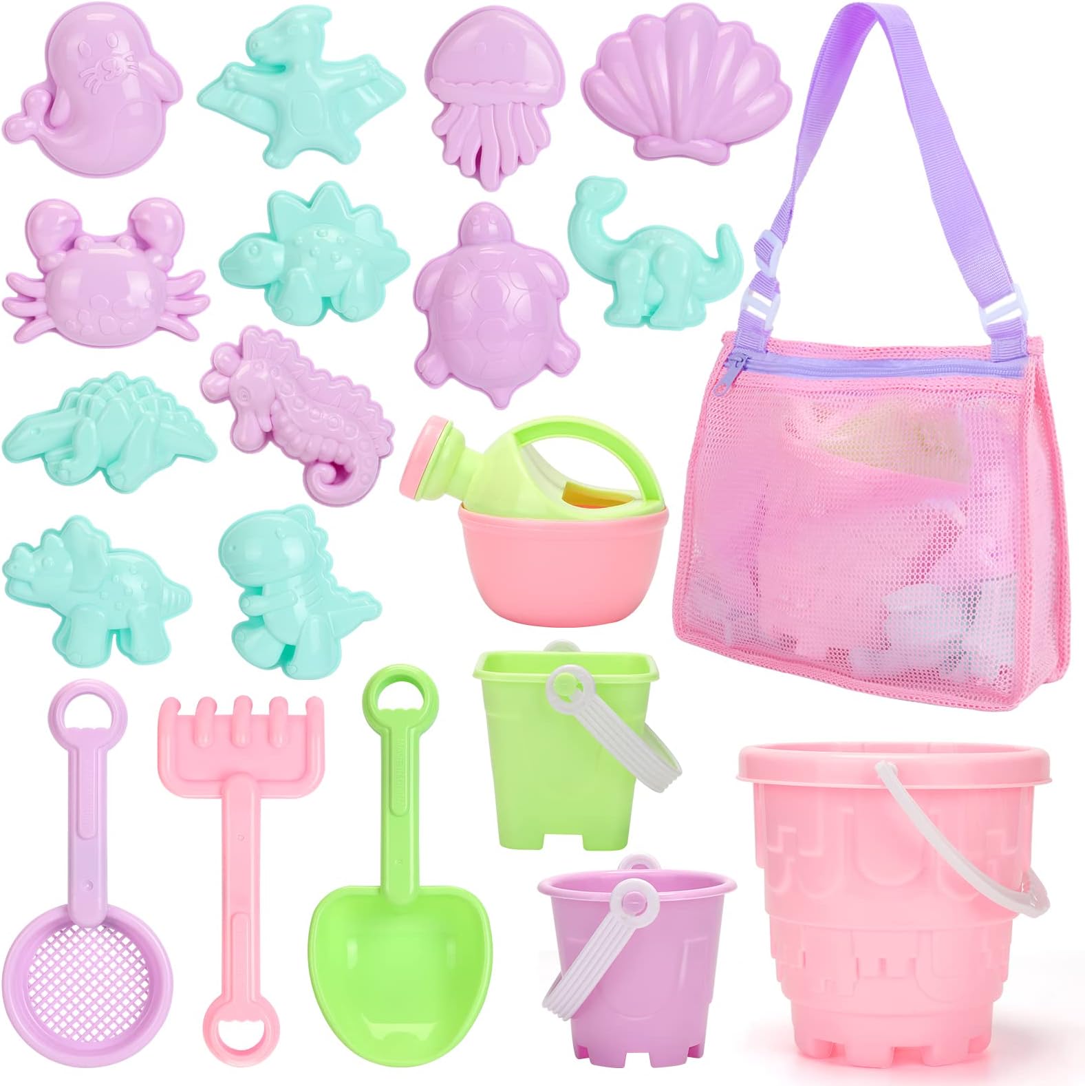 Tagitary Sand Toy Set 20 Pieces Sandpit Toy for Toddlers with Beach Bucket Watering Can Shovel Rake Sand Moulds Beach Shell Bag