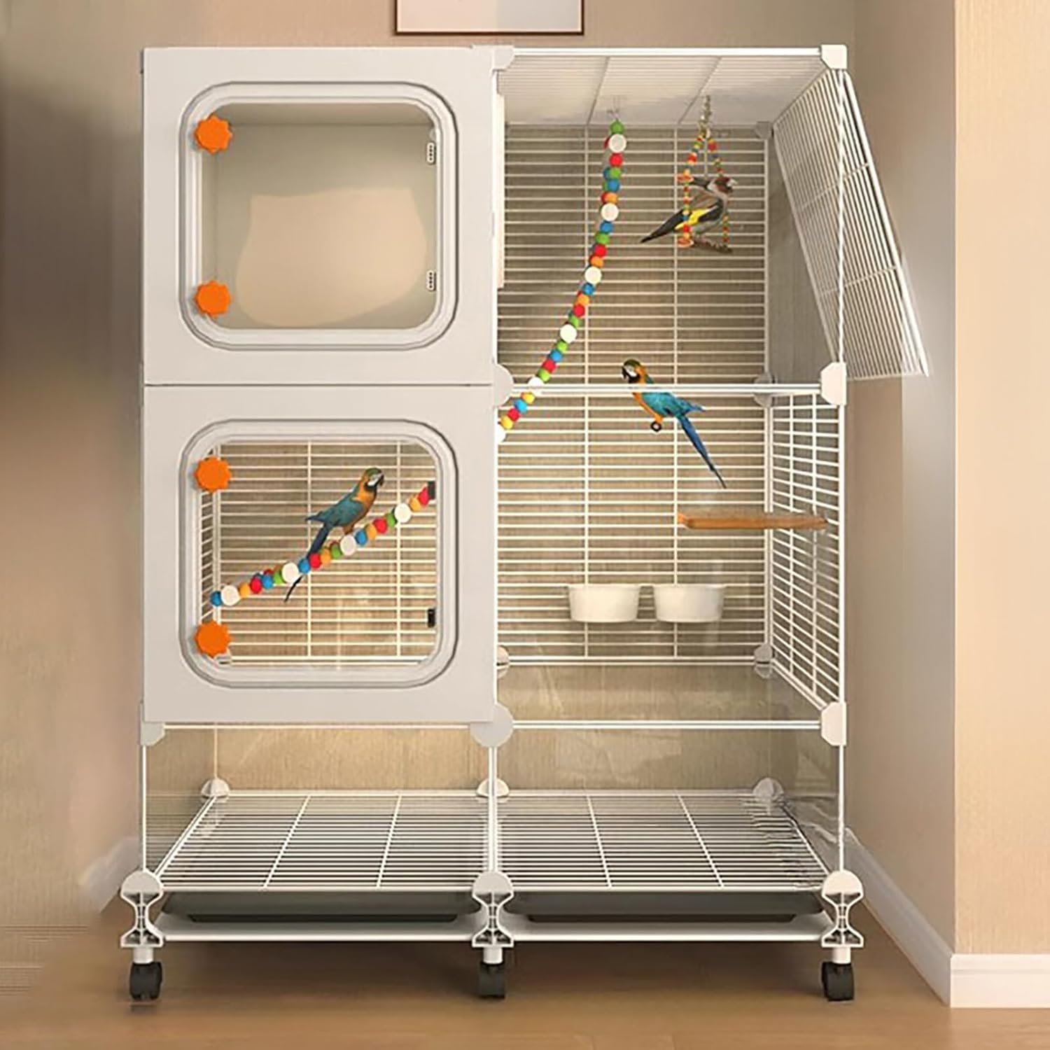 Bird Cages for Parakeets, Metal Parrot Cages for Large Birds, White Bird Cage with Wheels and Tray, Transparent Door Easy to Observe (Black 4 Spaces)