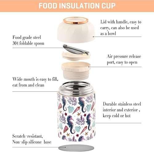Miniatura 4 de Hippocampus Stars Shells Marine Food Jar with Spoon Stainless Steel Vacuum Insulated Food Container 17 oz Food Thermos for Hot Food