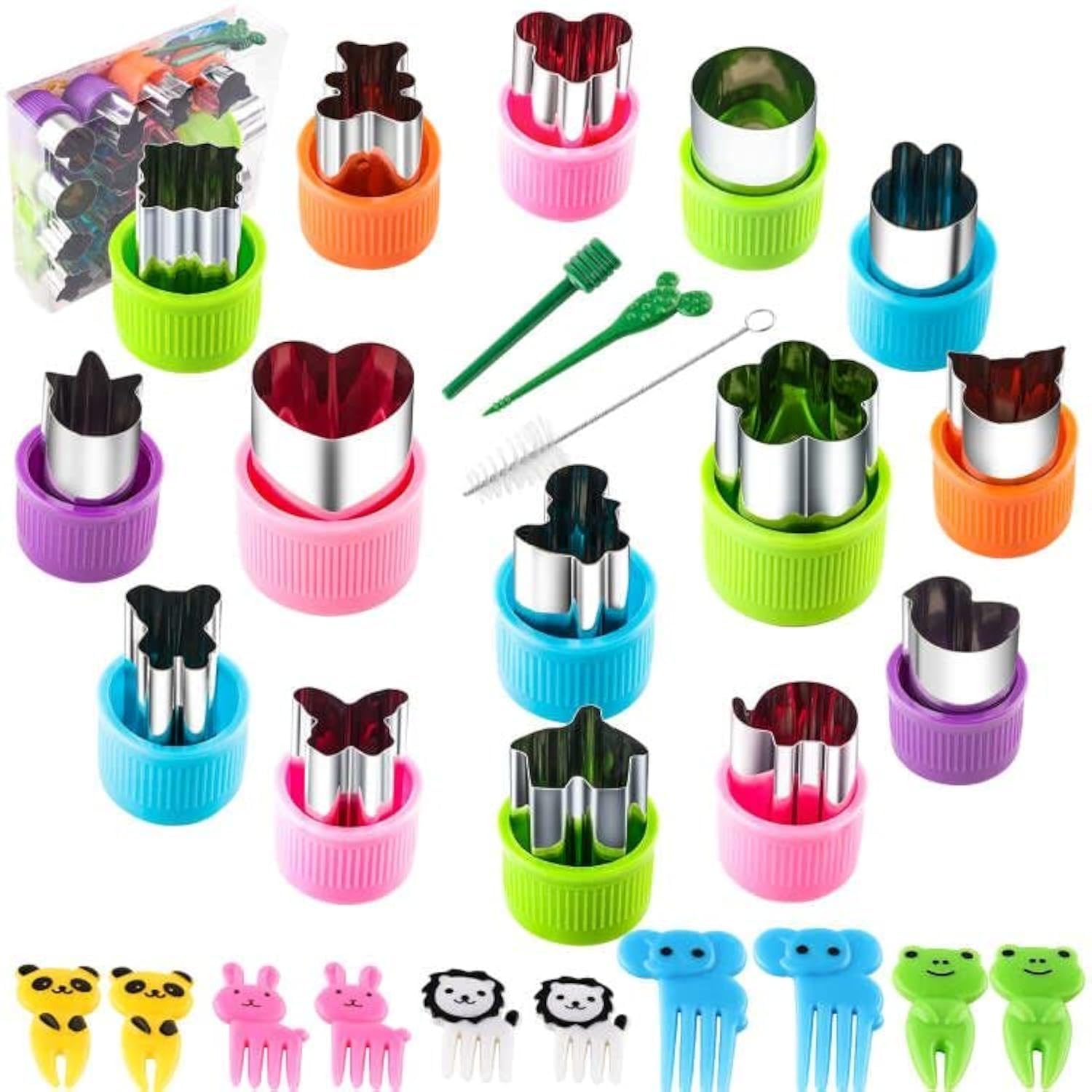Mini Cookie Cutters Shapes for Kids Small Cookie Cutter sets Mini Fruit Cutters Tiny Food Shape Cutouts 15 Pack Match with 10 Pack Animal Picks and Forks for Baking