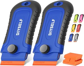 DIYSELF 2 Pcs Plastic Razor Blade Scraper with 10 Pcs Blades, Plastic Scraper Tool for Adhesive Remover, Scrapers for Cleaning Stickers, Decals, Glass, Windows, Car, No Scratches (Blue)
