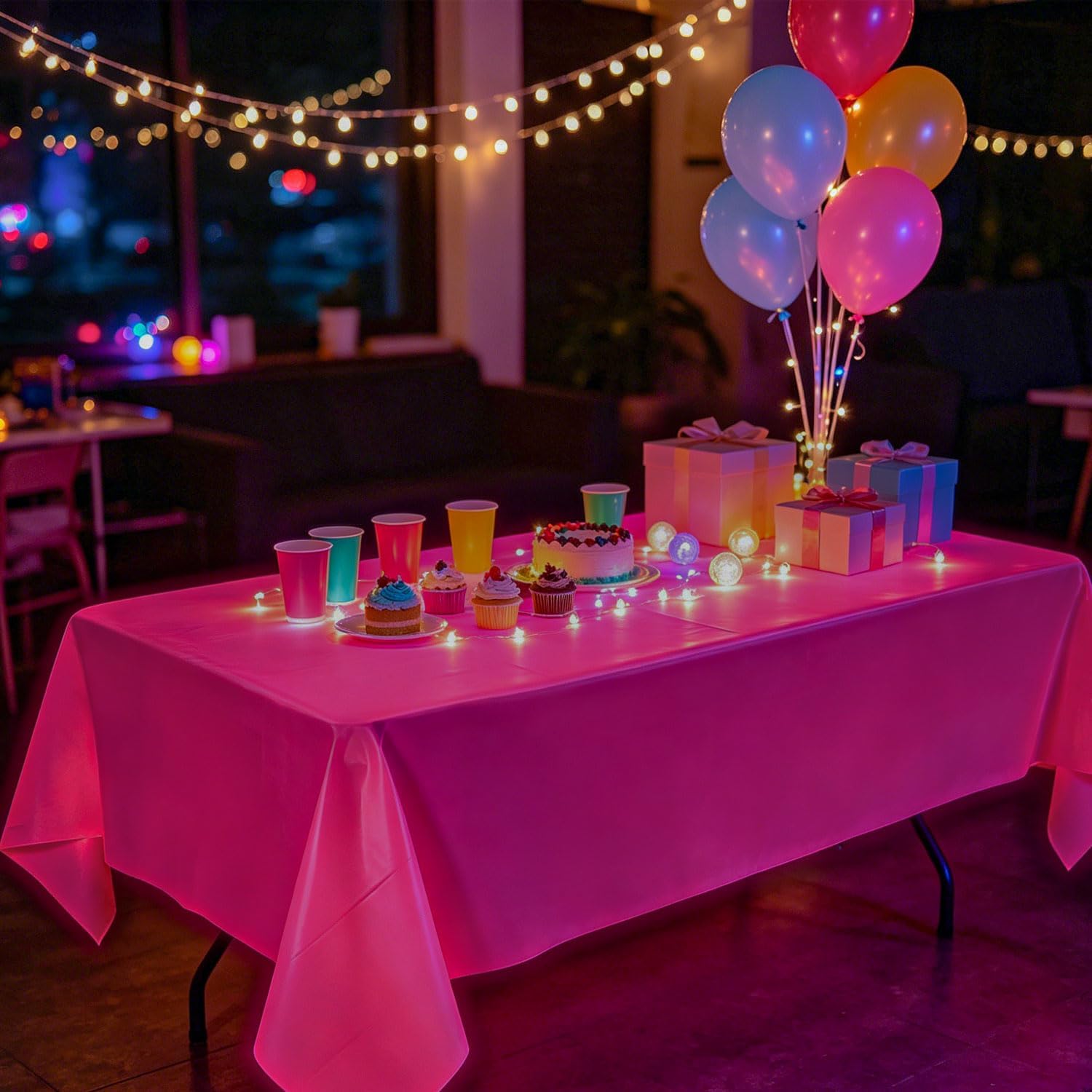 Oigco 4 Pack Neon Tablecloths, Neon Party Decorations, Pink Orange Green Glow in The Dark Plastic Table Cover for Glow in the Dark Party Supplies, 54 x 108 Inch